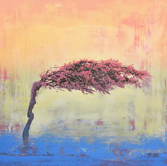 Acuarela de un árbol de copa rosada, doblado por el viento, sobre un cielo de amanecer.