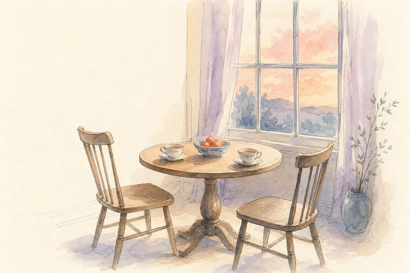 Acuarela de una mesa redonda junto a una ventana al atardecer, con dos sillas una frente a otra, dos tazas de té y un cuenco de fruta.