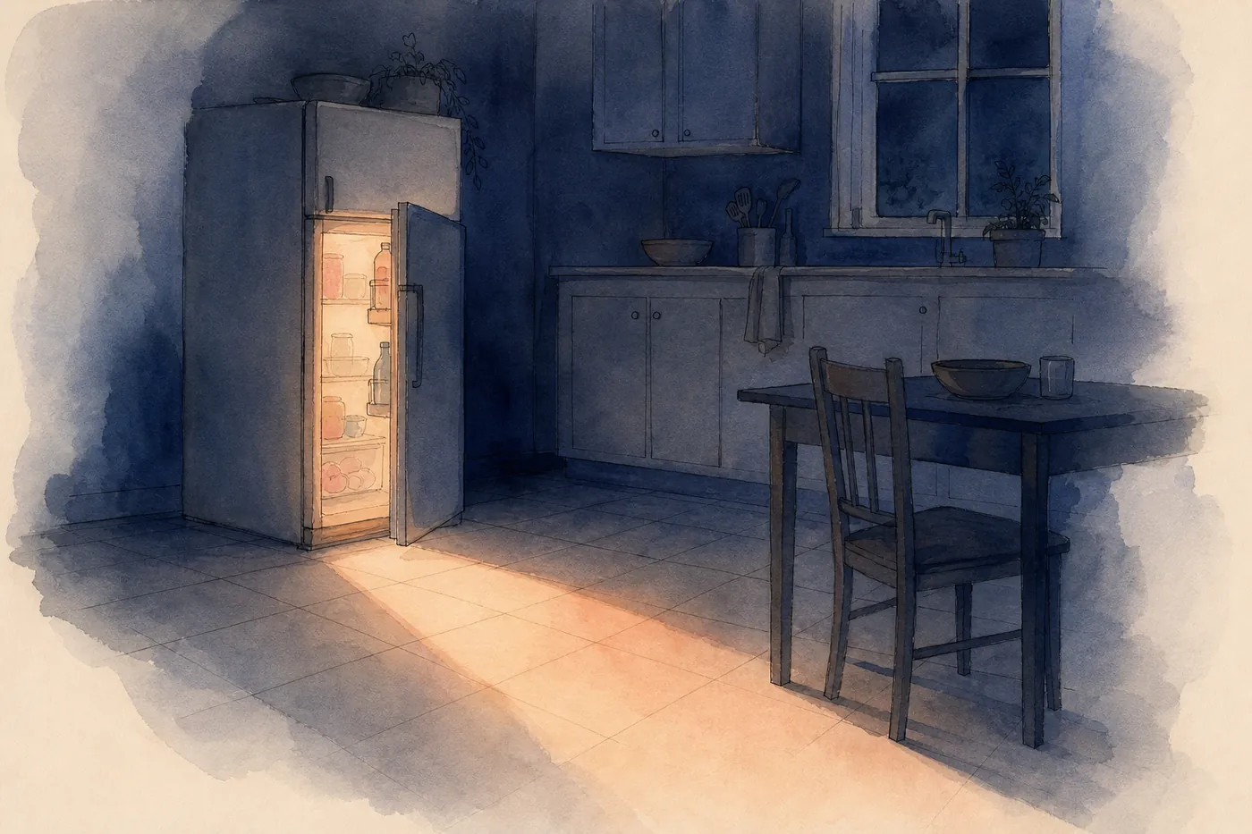 Acuarela de una cocina a oscuras con la nevera entreabierta; su luz cálida se alarga por el suelo hasta una mesa y una silla vacías.