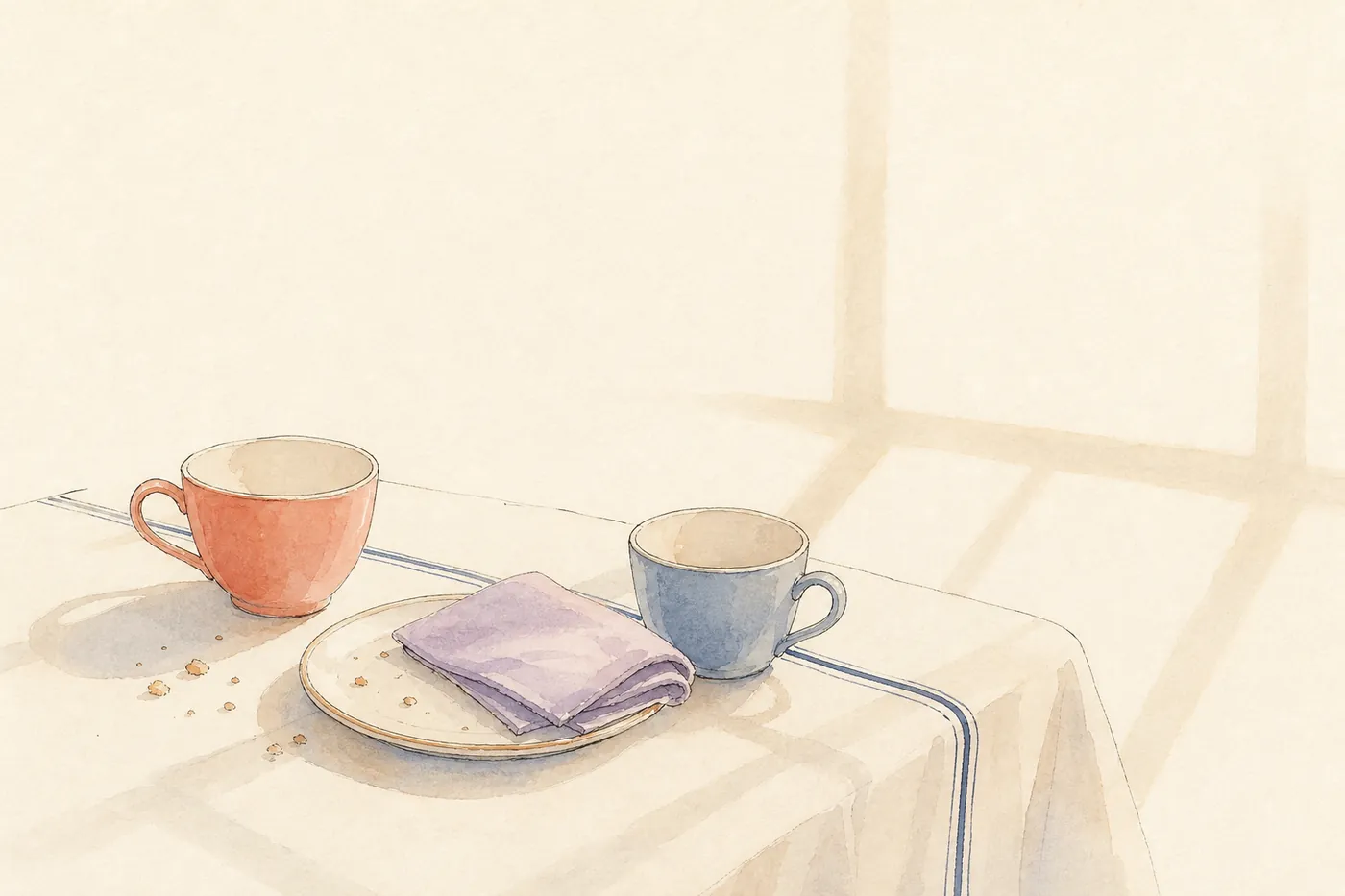 Acuarela de una mesa con mantel de raya azul, dos tazas, una coral y otra azul, un plato con una servilleta y migas, y la sombra de una ventana.
